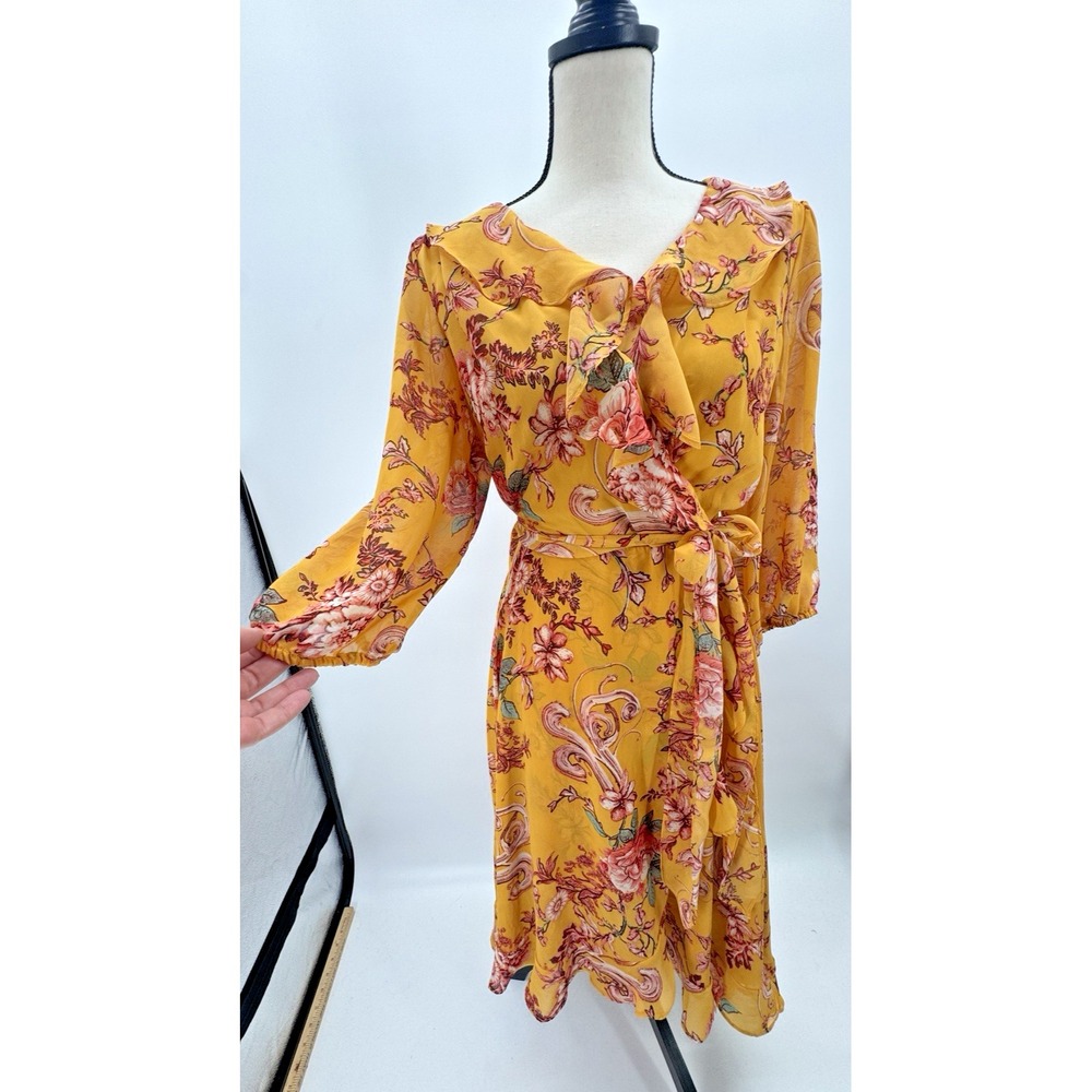 Danny & Nicole Asymmetrical Ruffle Floral Yellow Midi Dress 16 Cottagecore Boho